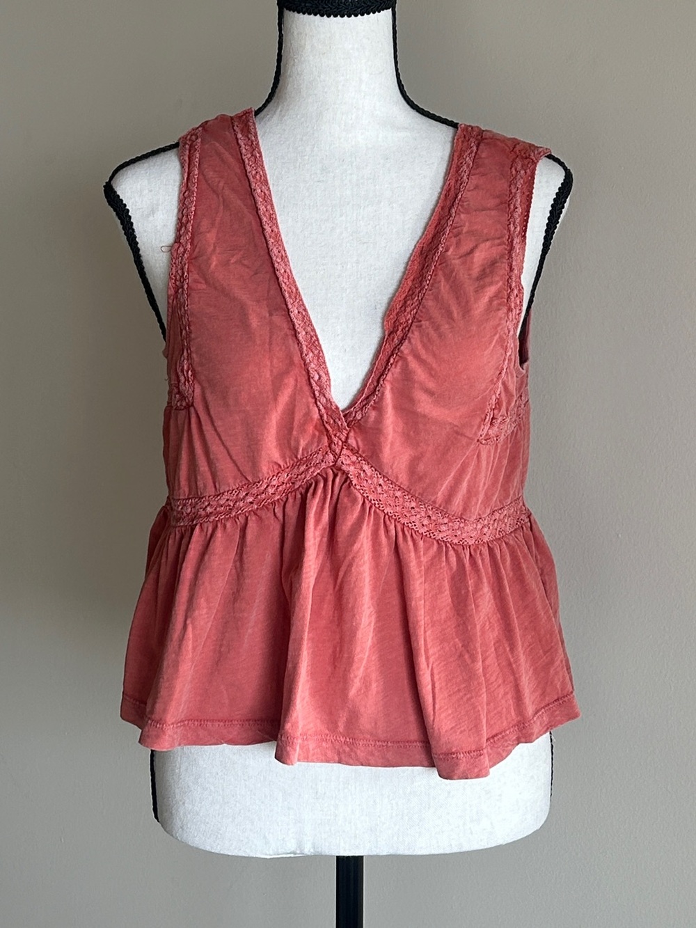 Lucky Brand Dusty Coral Lace Trim V-Neck Babydoll Tank Top Small